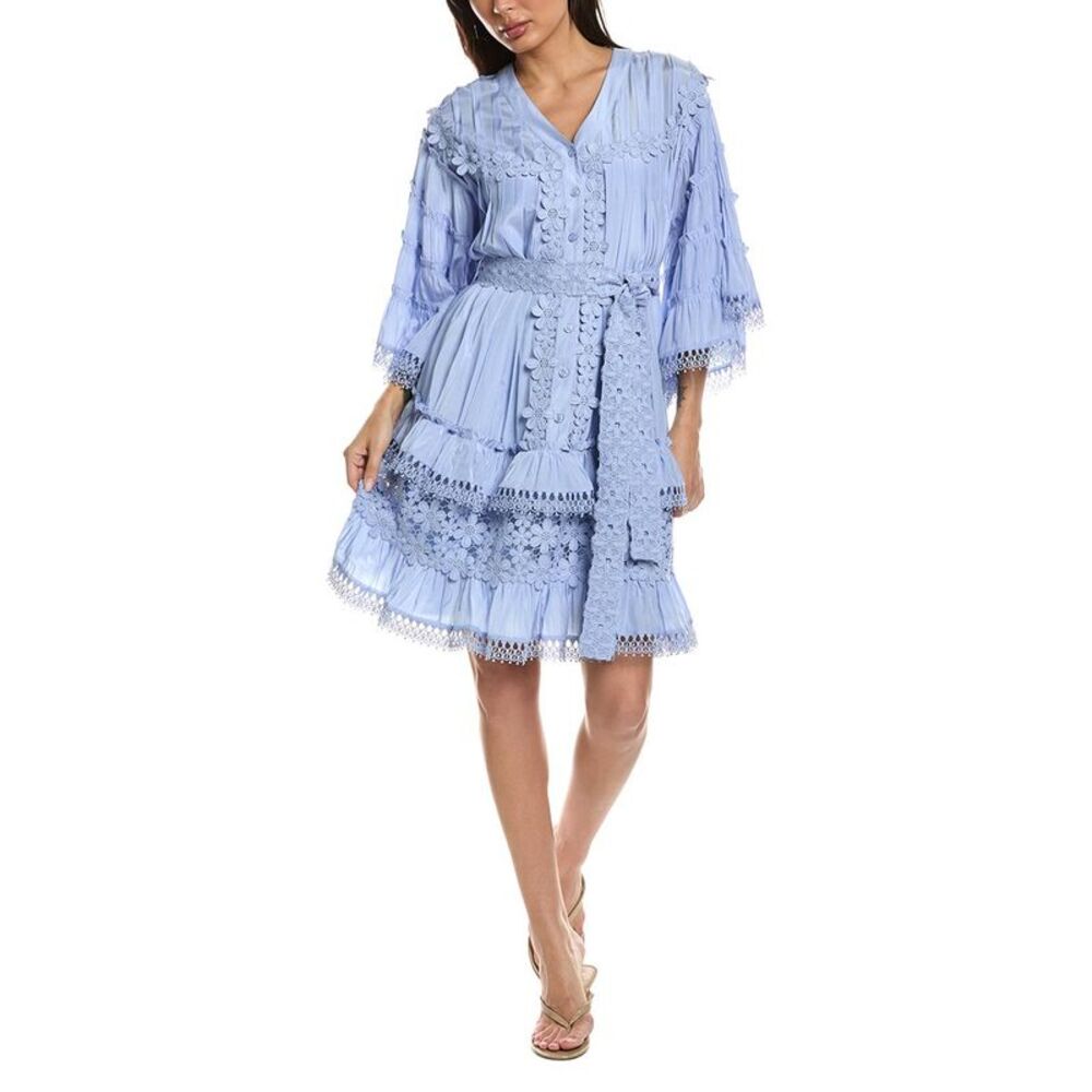 Beulah Womens  Floral Lace Detail Tiered Flounce Mini Dress, Blue